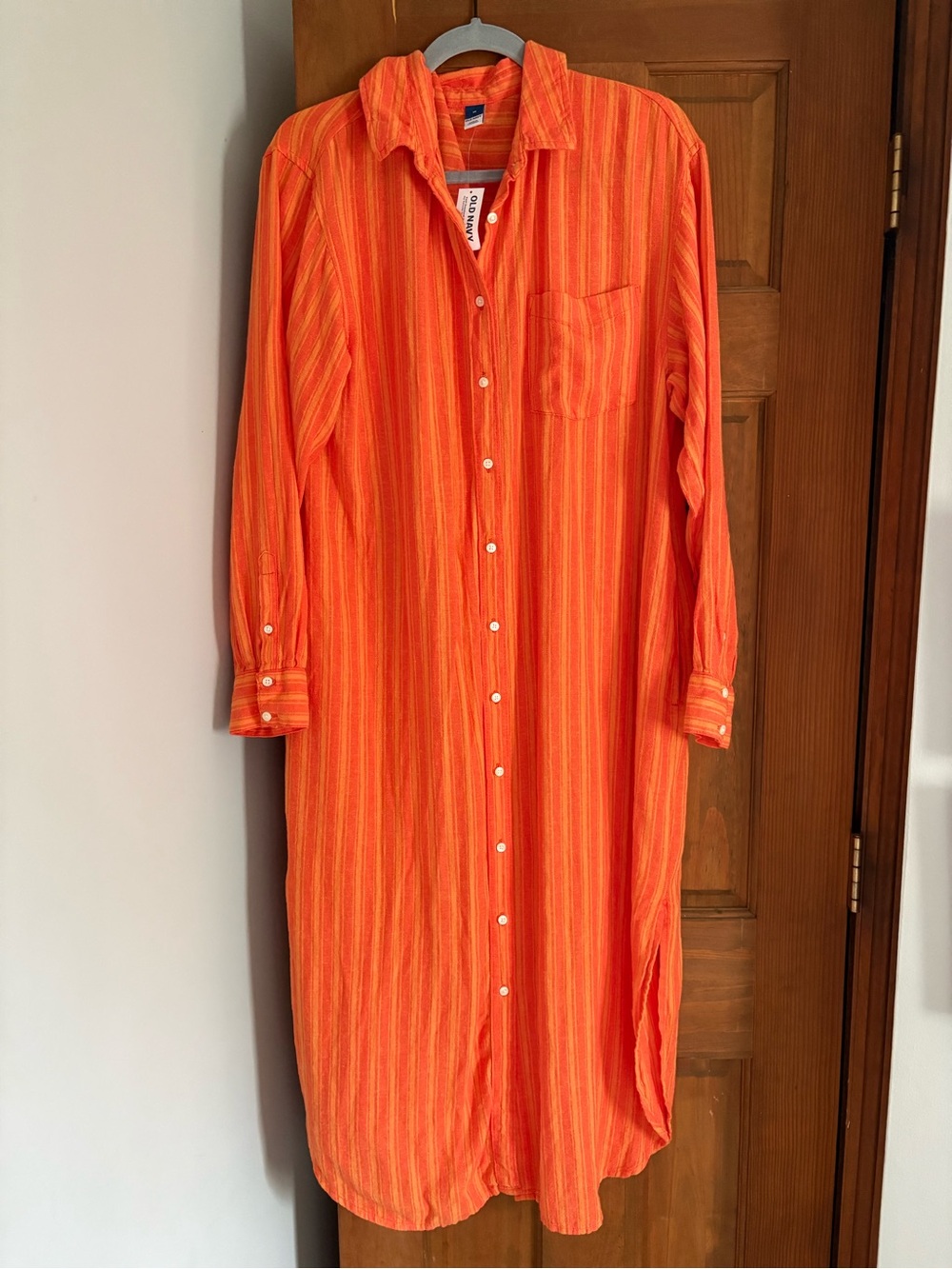 NEW Old Navy Medium M Orange Striped Stretch Shirt Midi Dress Long Sleeve Linen
